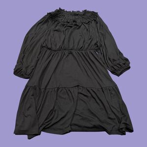 Ann Taylor Dress Womens Medium Black Flowy Stretch Ruffle Neck Balloon Sleeve